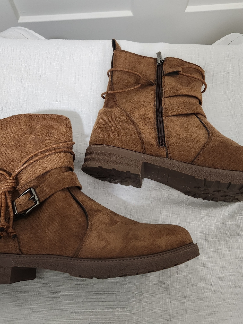 Women’s Brown Faux Suede Ankle Boots - Casual Zip & Buckle